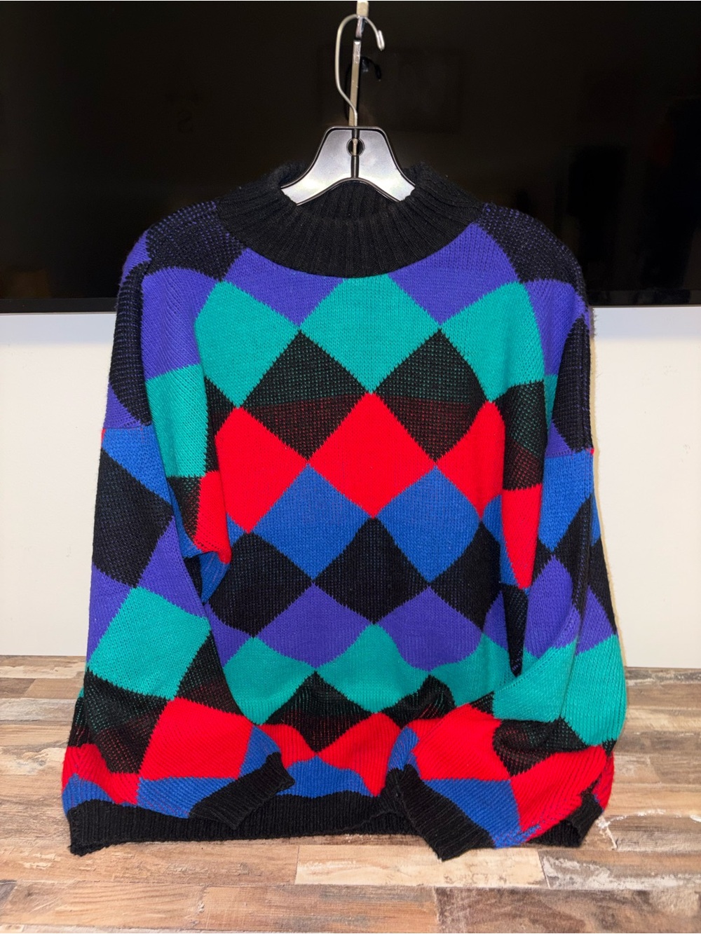 Vintage Colorblock Argyle Crewneck Sweater-Black with Red, Blue, Purple & Green